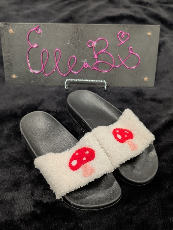 Shoes - Cozy Fuzzy Mushroom Slides - Black + Cream with Red Accent